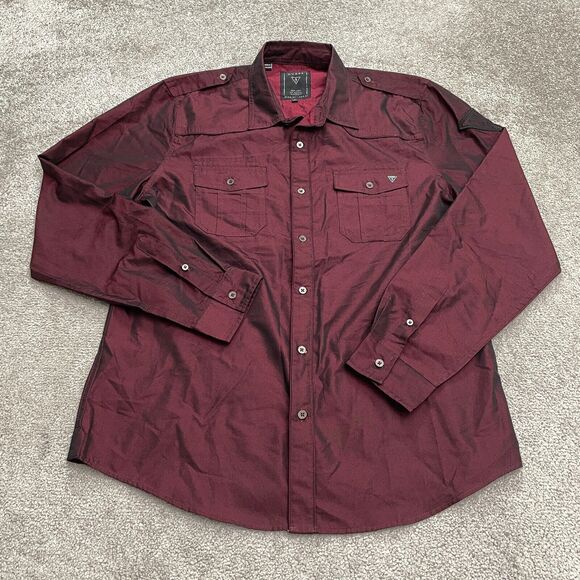 Guess Shiny Button Down Shirt Mens Large Wine Red Long Sleeve Pocket Casual Top - Picture 1 of 12